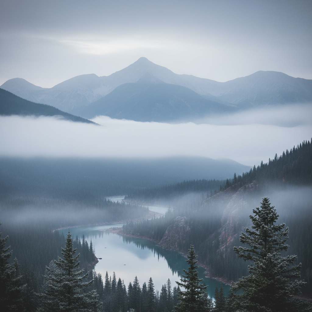 Спокоен планински пейзаж в мъгла