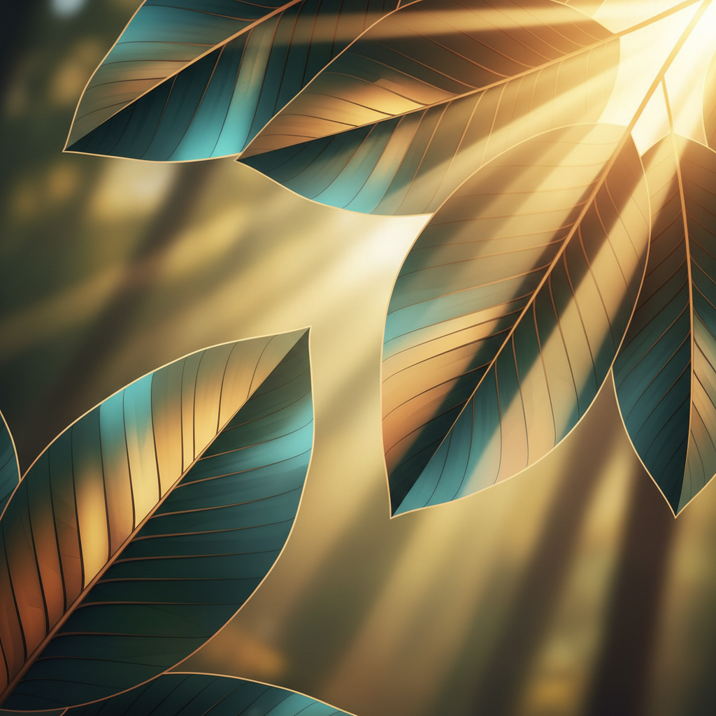 Стилизирано изображение на слънчева светлина преминаваща през листа