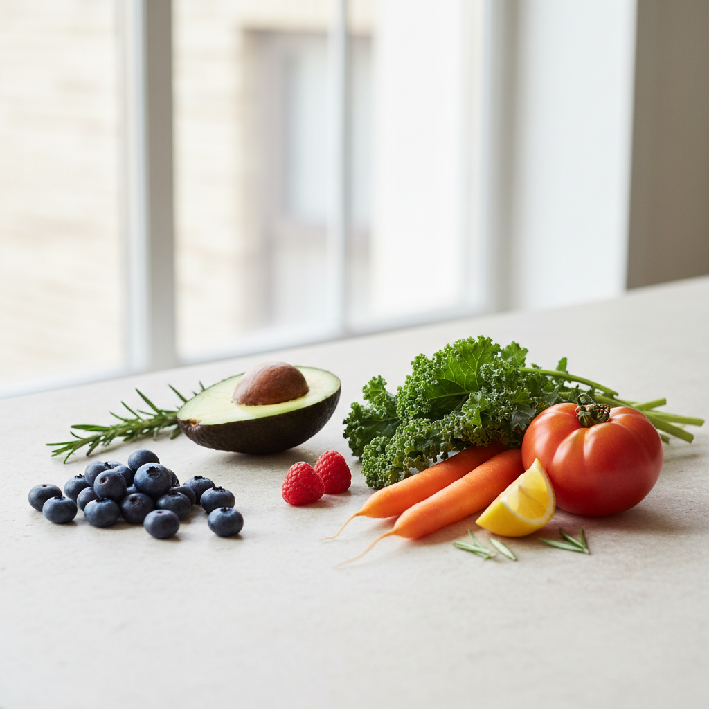 Минималистична подредба на пресни плодове и зеленчуци